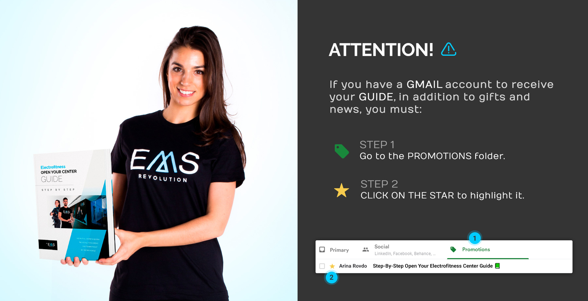 Steps to follow to receive your guide to open your electrofitness center by gmail